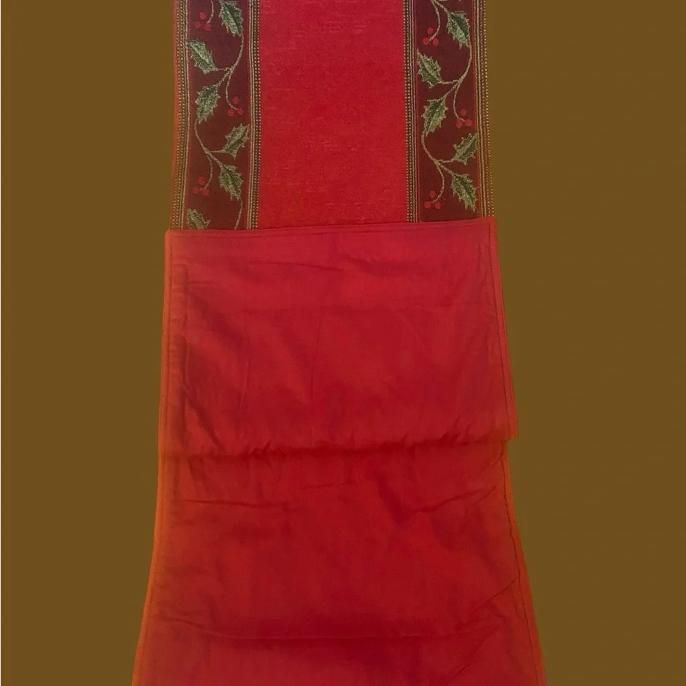 Textured woven Festive Red Table Runner with Holly Design